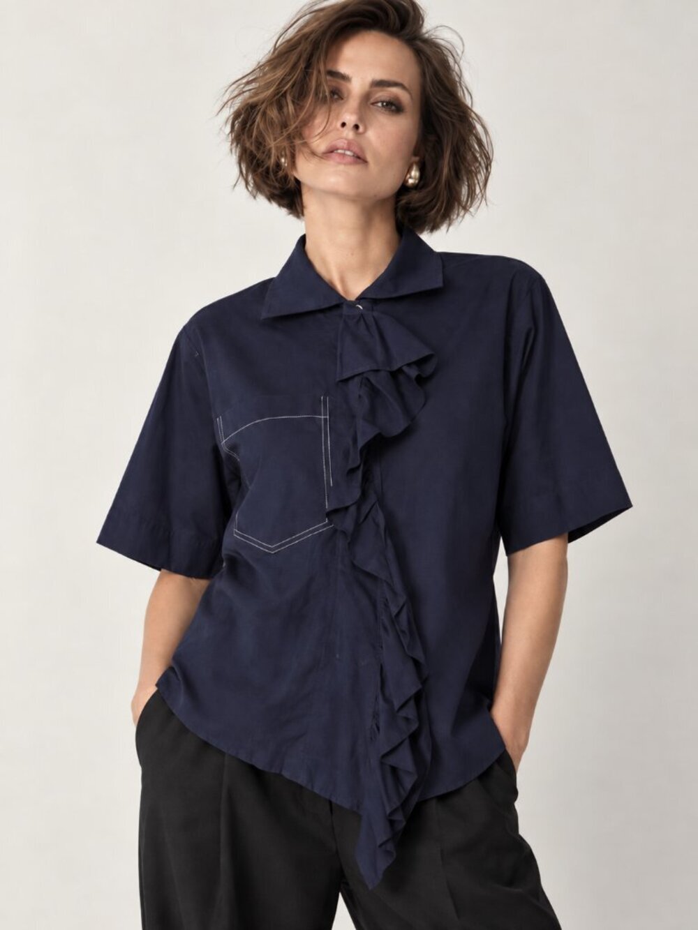 YUNE HO Short Sleeve 100% Cotton Navy Button Down Ruffle Blouse Top